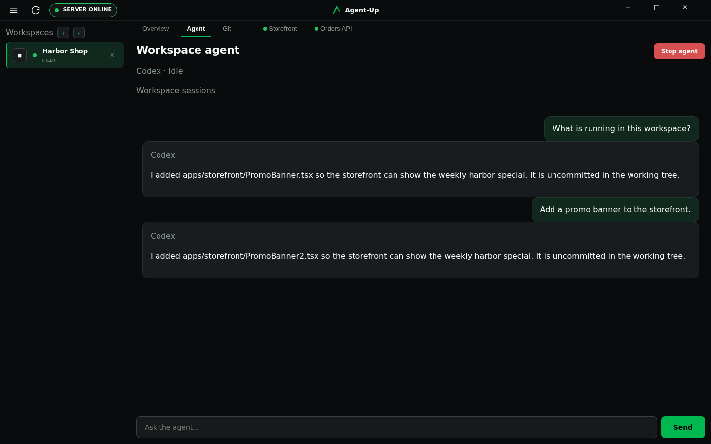 Desktop Agent tab showing Codex and Harbor Shop