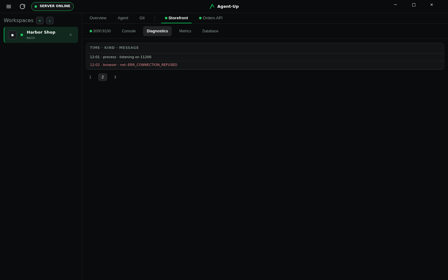 Desktop diagnostics showing Storefront process events